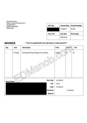 Invoice from DJ Ferry Corsten